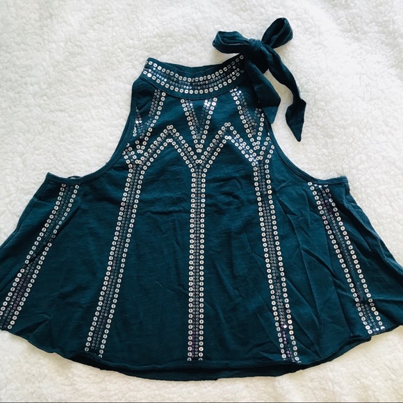 SOLD ♥️ Free People Glitter Sequin City High Neck Bow Tie Tank Blouse Turquoise - Picture 3 of 8